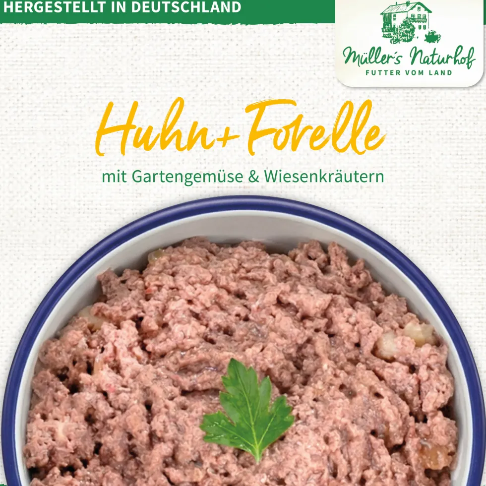 Müller’s Naturhof Traditionell Huhn & Forelle Nassfutter 60 x 100 g