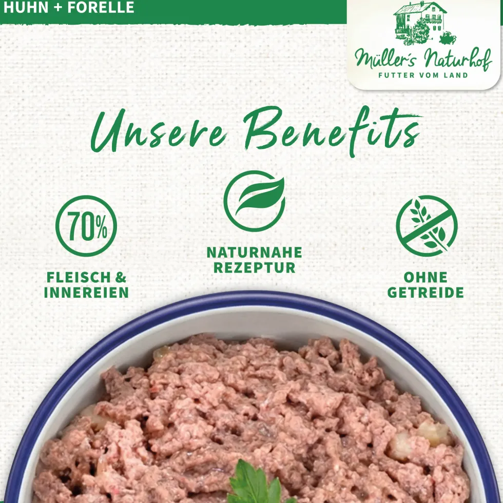 Müller’s Naturhof Traditionell Huhn & Forelle Nassfutter 60 x 100 g