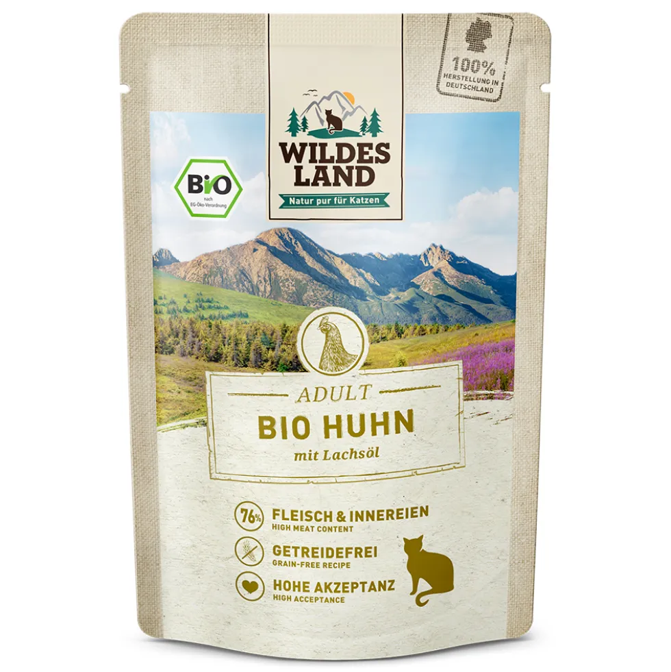 Wildes Land BIO Adult Huhn mit Lachsöl Nassfutter 12 x 85 g