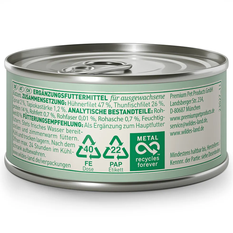 Wildes Land Filet Huhn & Thunfisch mit Spinat Nassfutter 12 x 80 g