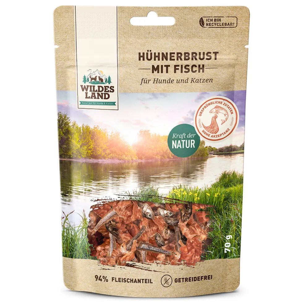 Wildes Land Fleischsnacks Hühnerbrust mit Fisch Snack 5 x 70 g