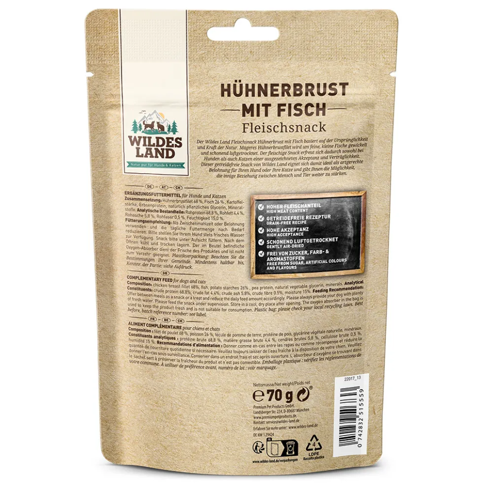 Wildes Land Fleischsnacks Hühnerbrust mit Fisch Snack 5 x 70 g