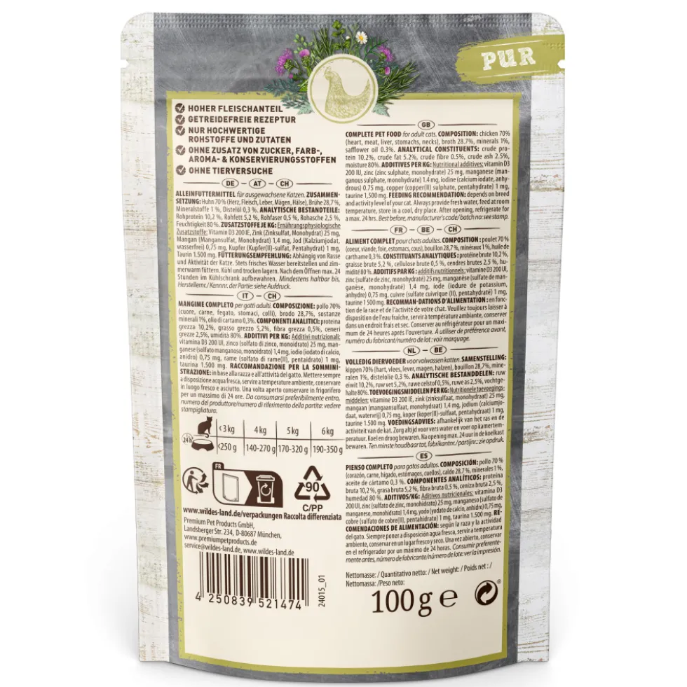 Wildes Land PUR Adult Huhn mit Distelöl Nassfutter 60 x 100 g