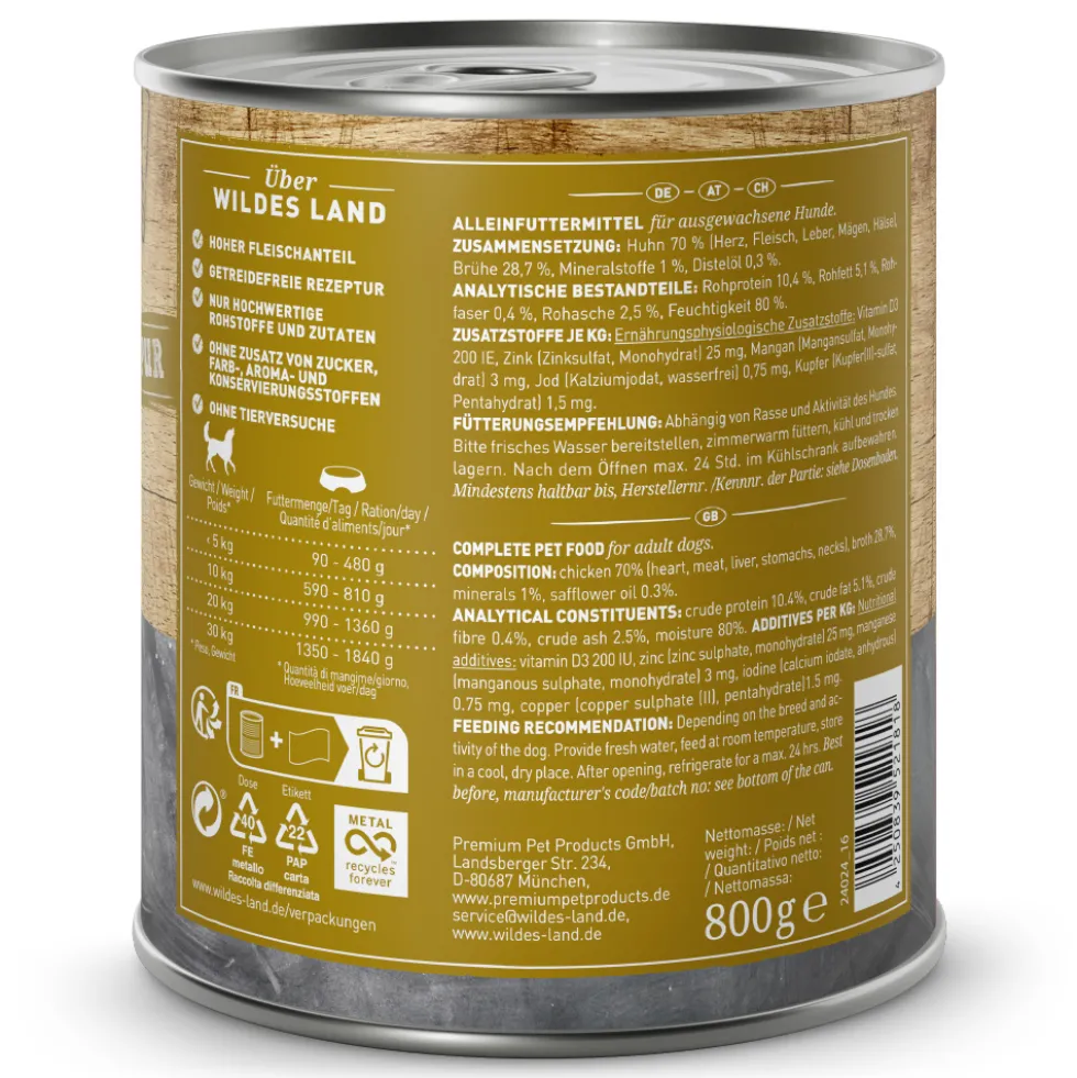 Wildes Land PUR Adult Huhn mit Distelöl Nassfutter 6 x 800 g