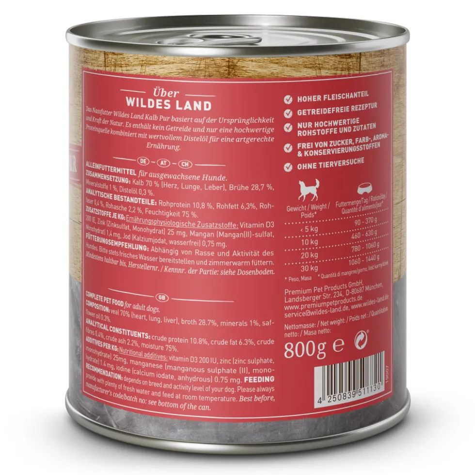 Wildes Land PUR Adult Kalb mit Distelöl Nassfutter 6 x 800 g