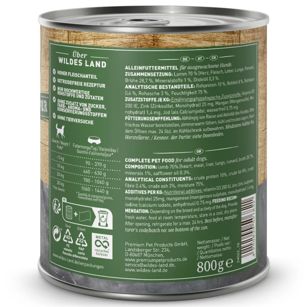 Wildes Land PUR Adult Lamm mit Distelöl Nassfutter 6 x 800 g