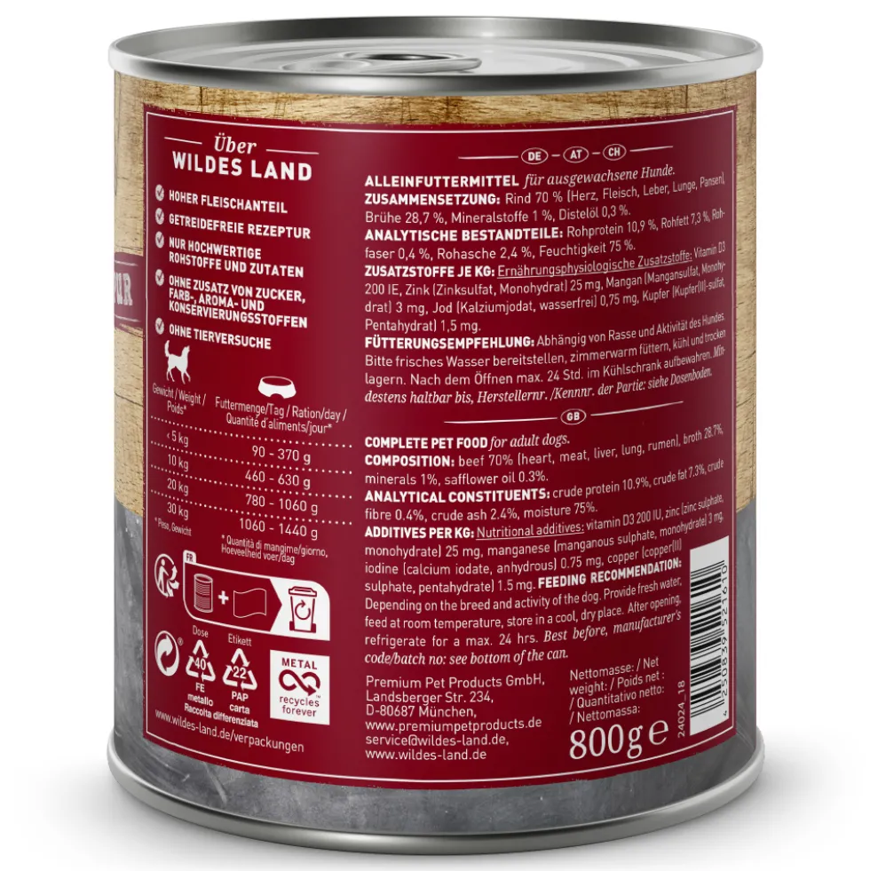 Wildes Land PUR Adult Rind mit Distelöl Nassfutter 6 x 800 g